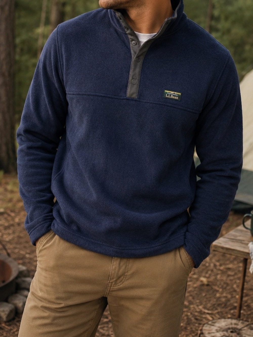 L.L. Bean Mens Sweater Fleece Pullover size XL Navy Quarter Snap Mock Neck